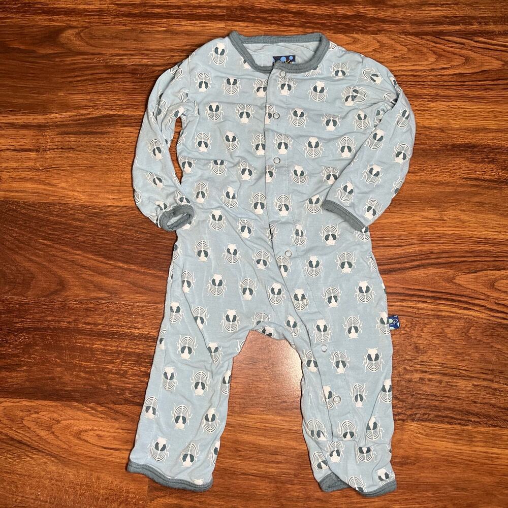 KicKee Pants Pond Scarab Bug Bamboo Blue Button Playsuit Infant 3/6 Months